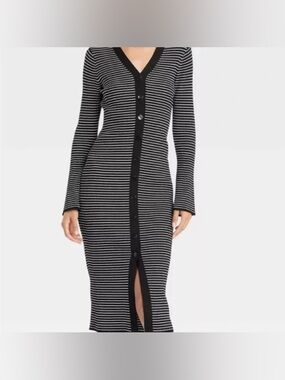 a new day Black & White Striped Long-Sleeve Button Midi Dress